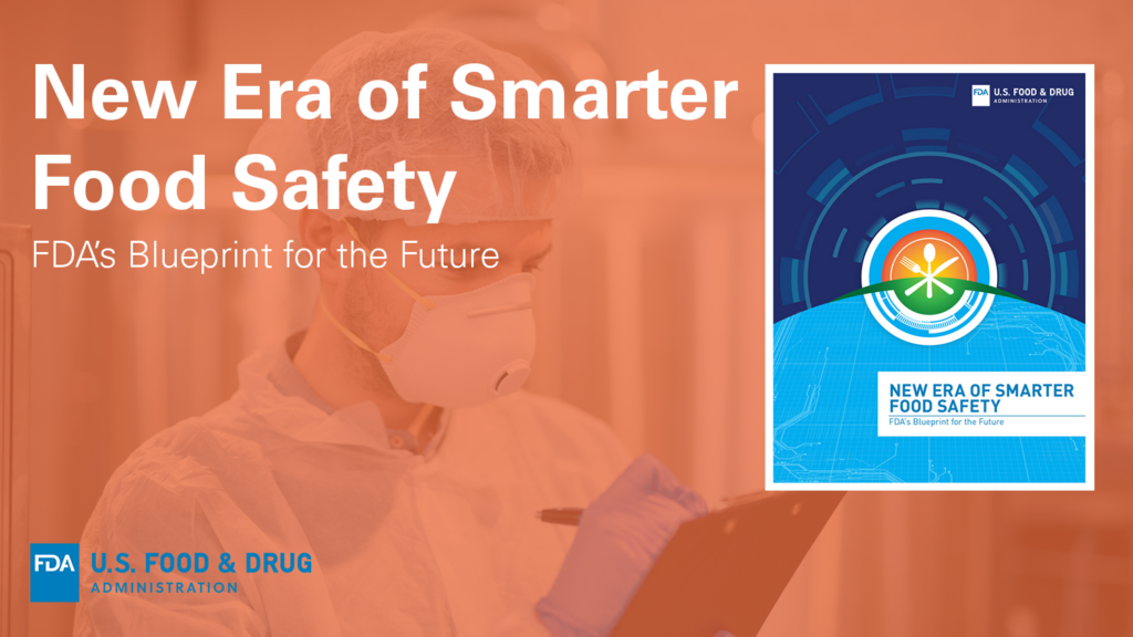 Orange overlay on a food safety inspector with the text New Era of Smarter Food Safety