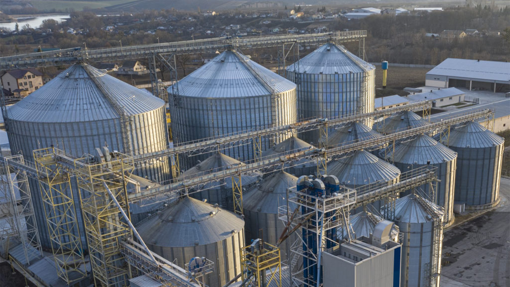 aerial view of a large feed mill